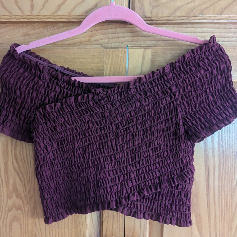 Ambiance Size L Burgundy Crop Off-the-Shoulder Top - Picture 5 of 12